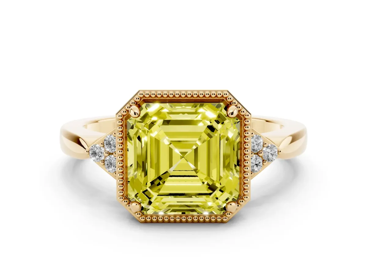 Fancy Yellow Milgrain Asscher Cut Cut Diamond Ring with Tapered Pave Band and Four Prong Setting Yellow gold