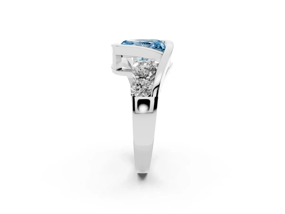 Fancy Blue Bezel Set Radiant Cut Diamond Bypass Ring with Round Accents Silver
