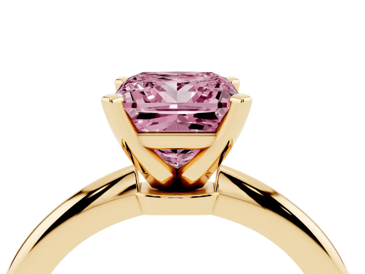 Fancy Pink Princess Cut Diamond Solitaire Ring with Prong Setting and Classic Band Yellow gold