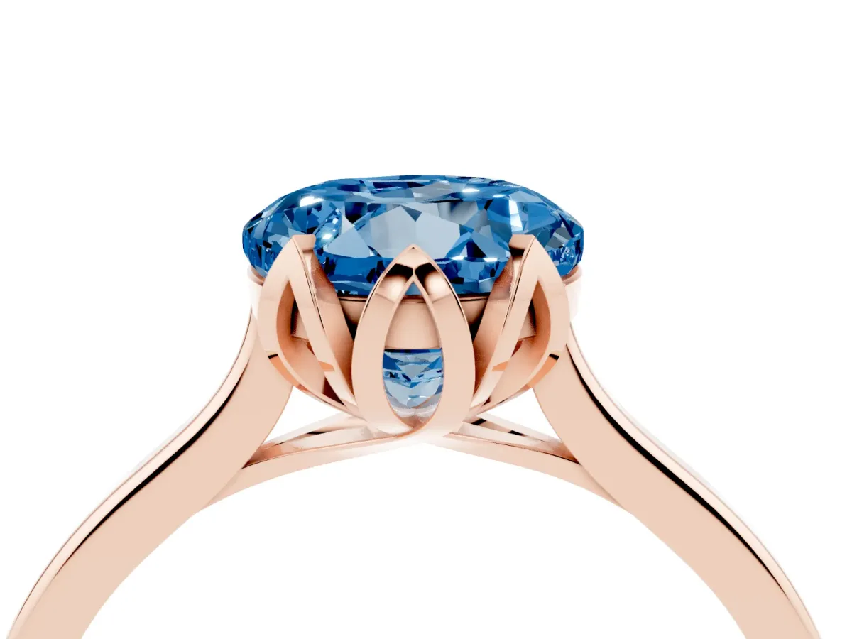 Fancy Blue Round Cut Diamond Solitaire Ring with Flower Prong Setting and Classic Band Rose gold