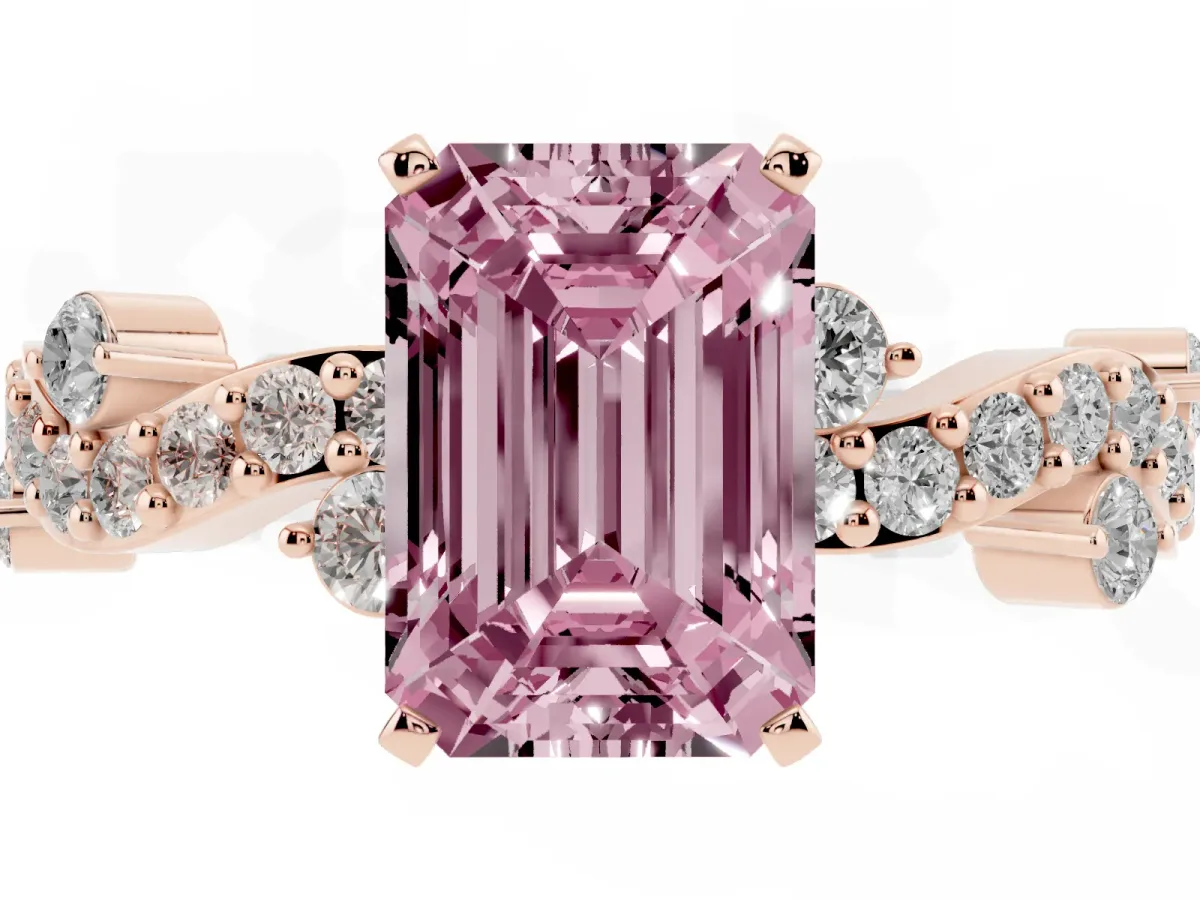 Fancy Pink Emerald Cut Cut Solitaire Diamond Twisted Band with Pave Setting Rose gold