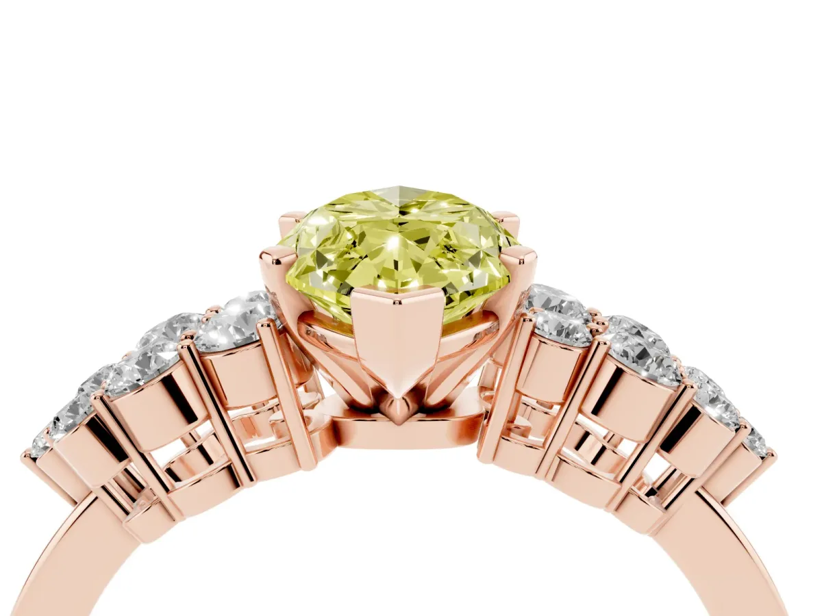 Fancy Yellow Marquise Cut Cluster Diamond Engagement Ring with Pavé Band and Four-Prong Setting Rose gold