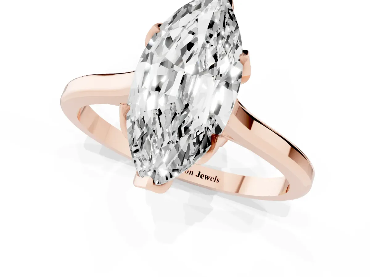 Marquise Cut Diamond Solitaire Ring with Flower Prong Setting and Classic Band Rose gold