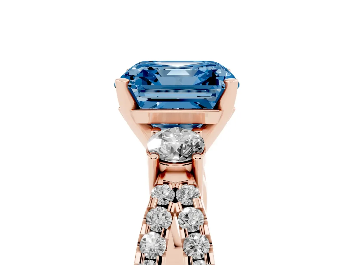 Fancy Blue Asscher Cut Diamond Three-Stone Ring with Pavé Split Shank and Four-Prong Setting Rose gold