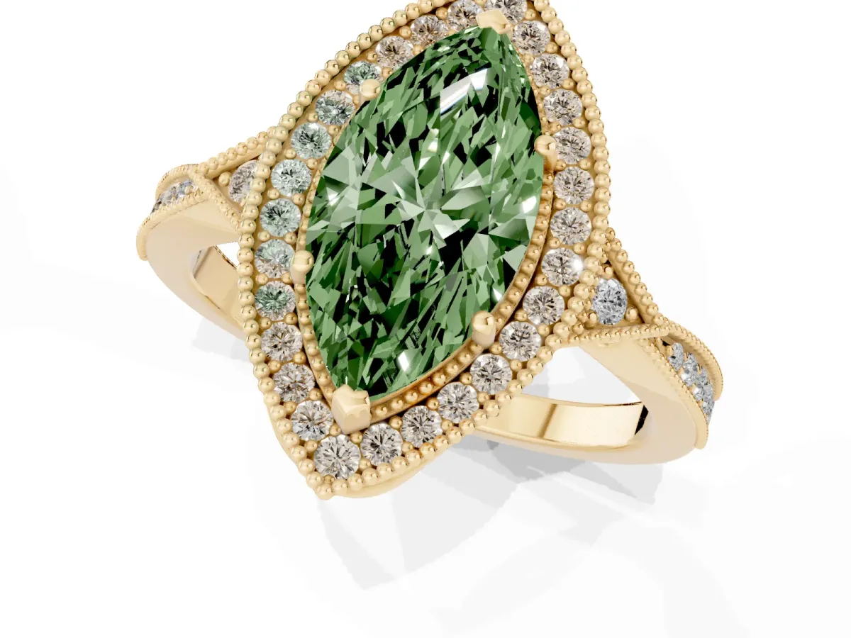 Fancy Green Marquise Cut Halo Round Diamond Milgrain Pave Engagement Ring Yellow gold