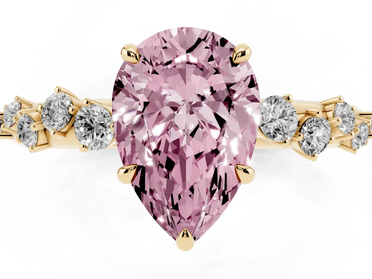 Fancy Pink Pear Cut Diamond Cluster Prong-Set Solitaire Ring Yellow gold