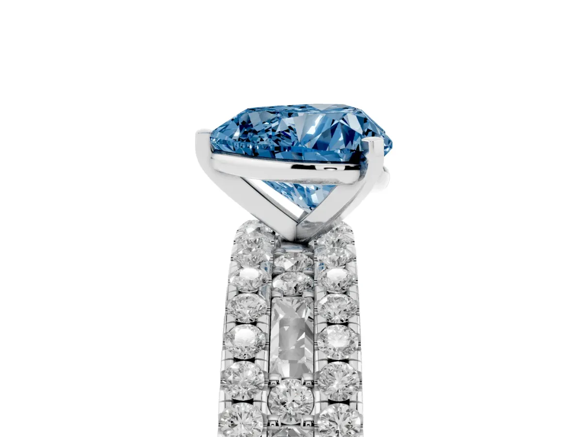 Fancy Blue Heart Cut Diamond Solitaire Ring with Pavé and Channel Set Band Platinum