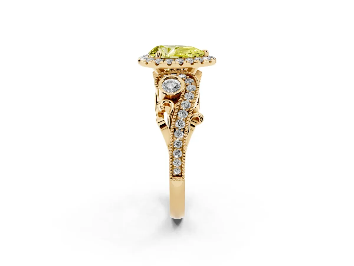 Fancy Yellow Pear Cut Halo Diamond Ring with Milgrain and Bezel Accents on a Split Shank Band Yellow gold