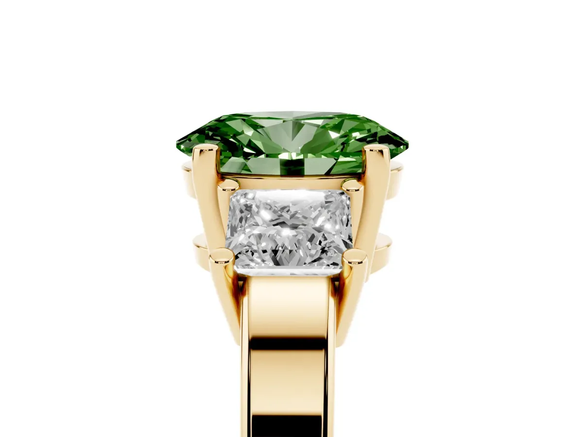 Fancy Green Three-Stone Oval Cut Cut Solitaire Ring with Prong Setting Yellow gold