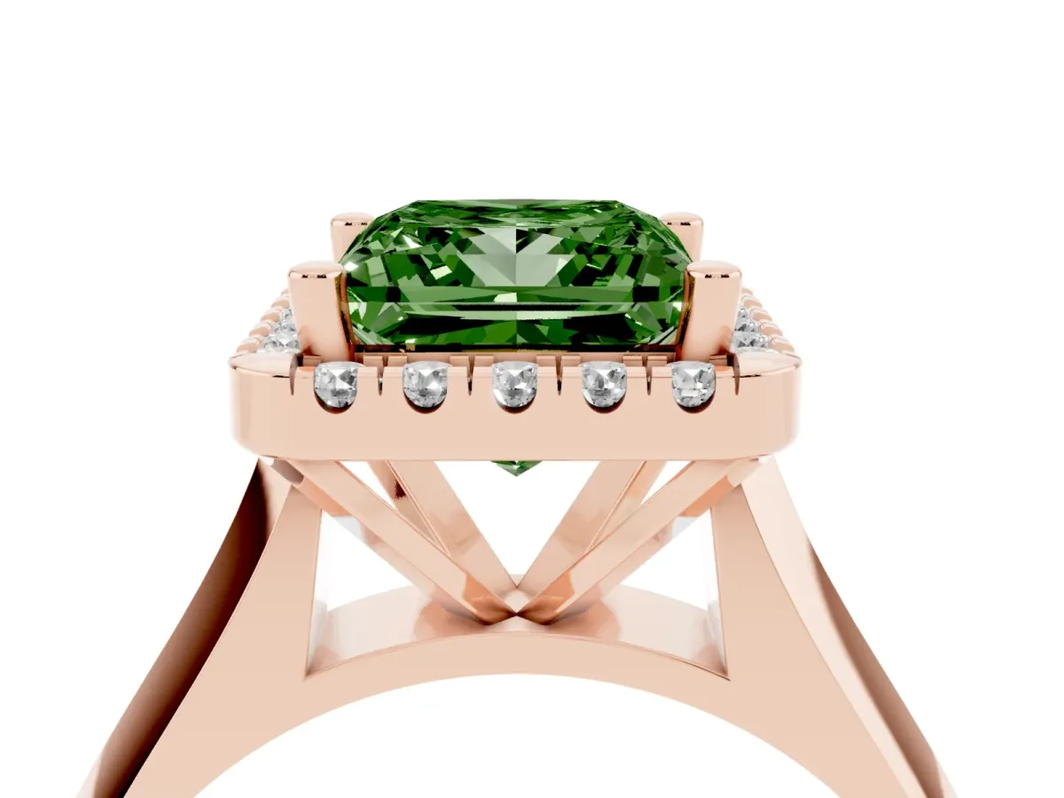 Fancy Green Princess Cut Cut Halo Solitaire Engagement Ring with Square Band and Four-Prong Setting Rose gold