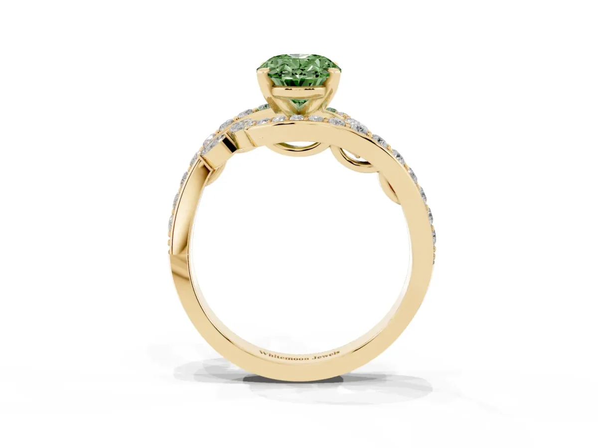 Fancy Green Oval Cut Solitaire with Pavé Twist Band and Four-Prong Setting Yellow gold