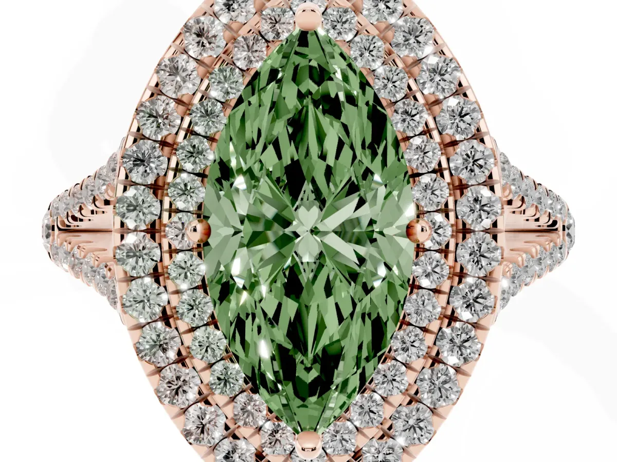 Fancy Green Marquise Cut Diamond Double Halo Ring with Pavé Band and Prong Setting Rose gold