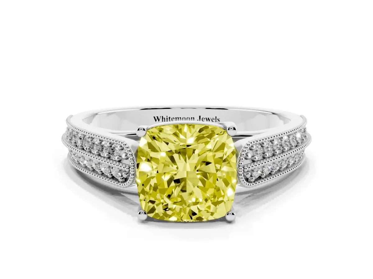 Fancy Yellow Cushion Cut Cut Pave Split Shank Engagement Ring with Four-Prong Setting White gold