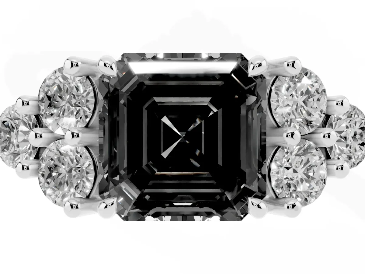 Fancy Black Asscher Cut Brilliant Diamond Cluster Accent Solitaire Ring with Prong Setting Platinum