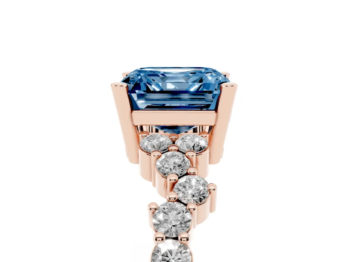 Fancy Blue Asscher Cut Diamond Scattered Round Accent Ring with Prong Setting Rose gold