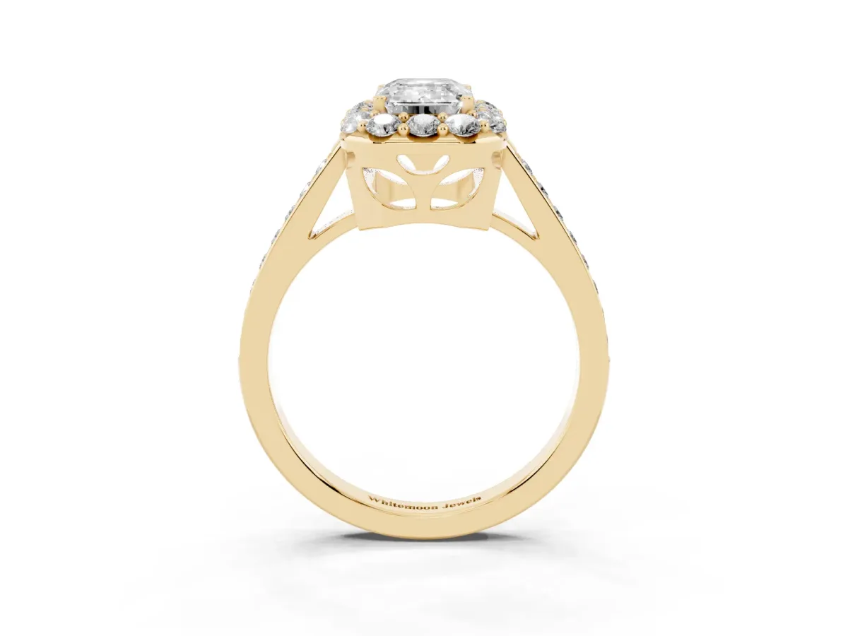 Emerald Cut Diamond Floral Halo Ring with Pavé Band and Prong Setting Yellow gold