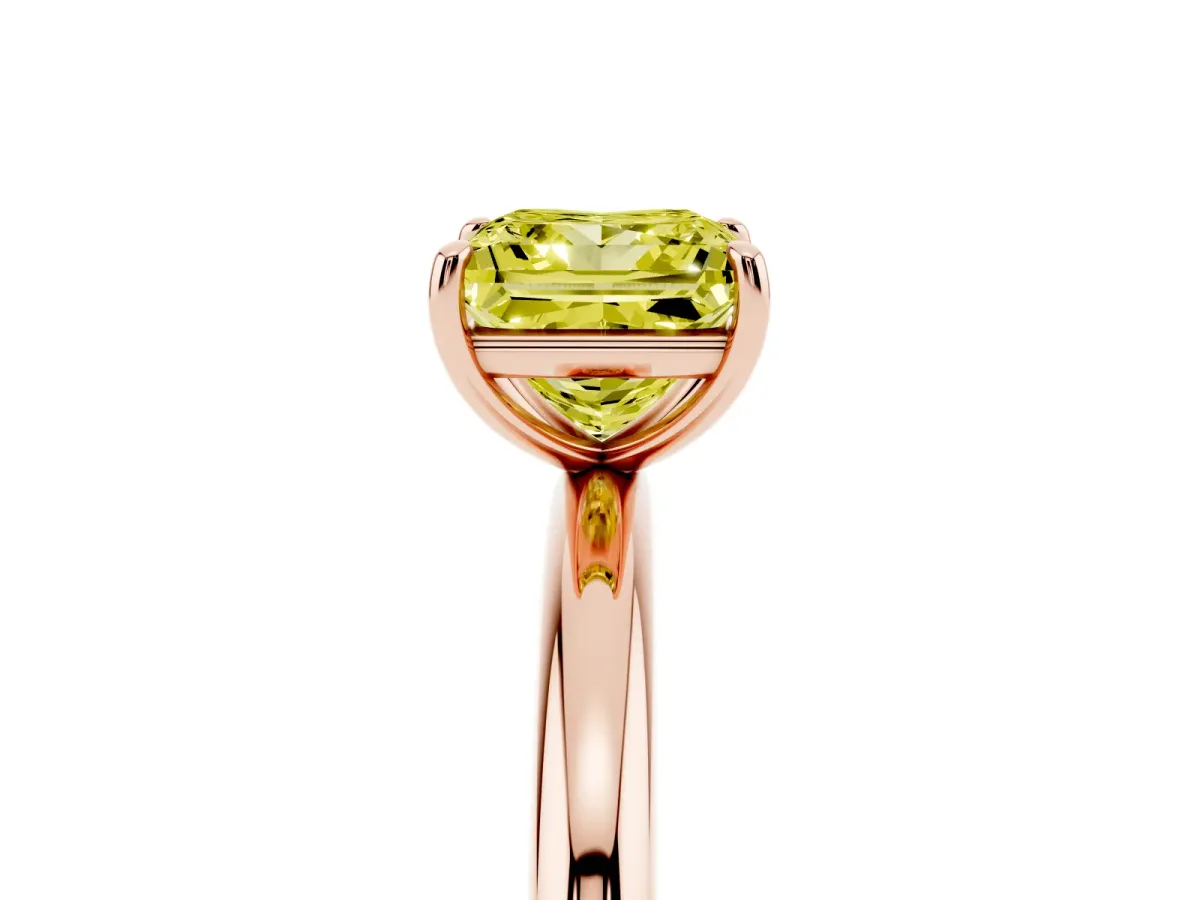 Fancy Yellow Princess Cut Solitaire Diamond Ring with Four-Prong Setting on a Plain Band Rose gold
