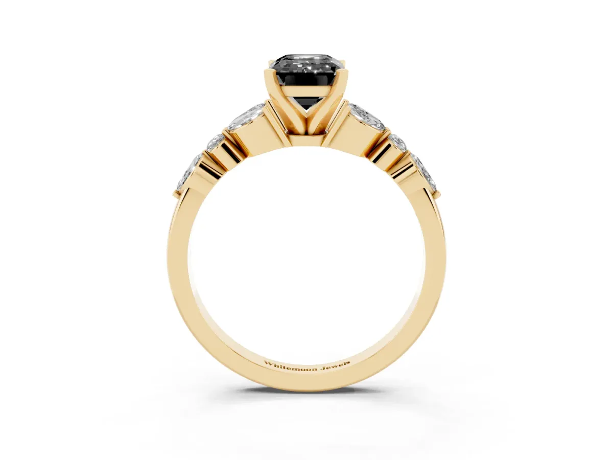 Fancy Black Emerald Cut Diamond Solitaire Ring with Side Stones and Four-Prong Setting Yellow gold