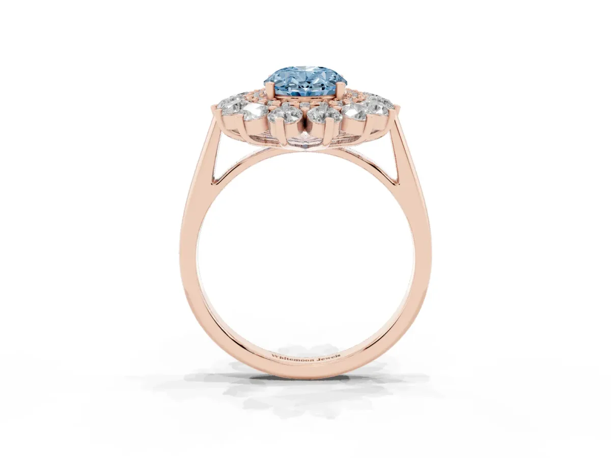 Fancy Blue Oval Cut Diamond Floral Double Halo Engagement Ring with Prong Setting Rose gold