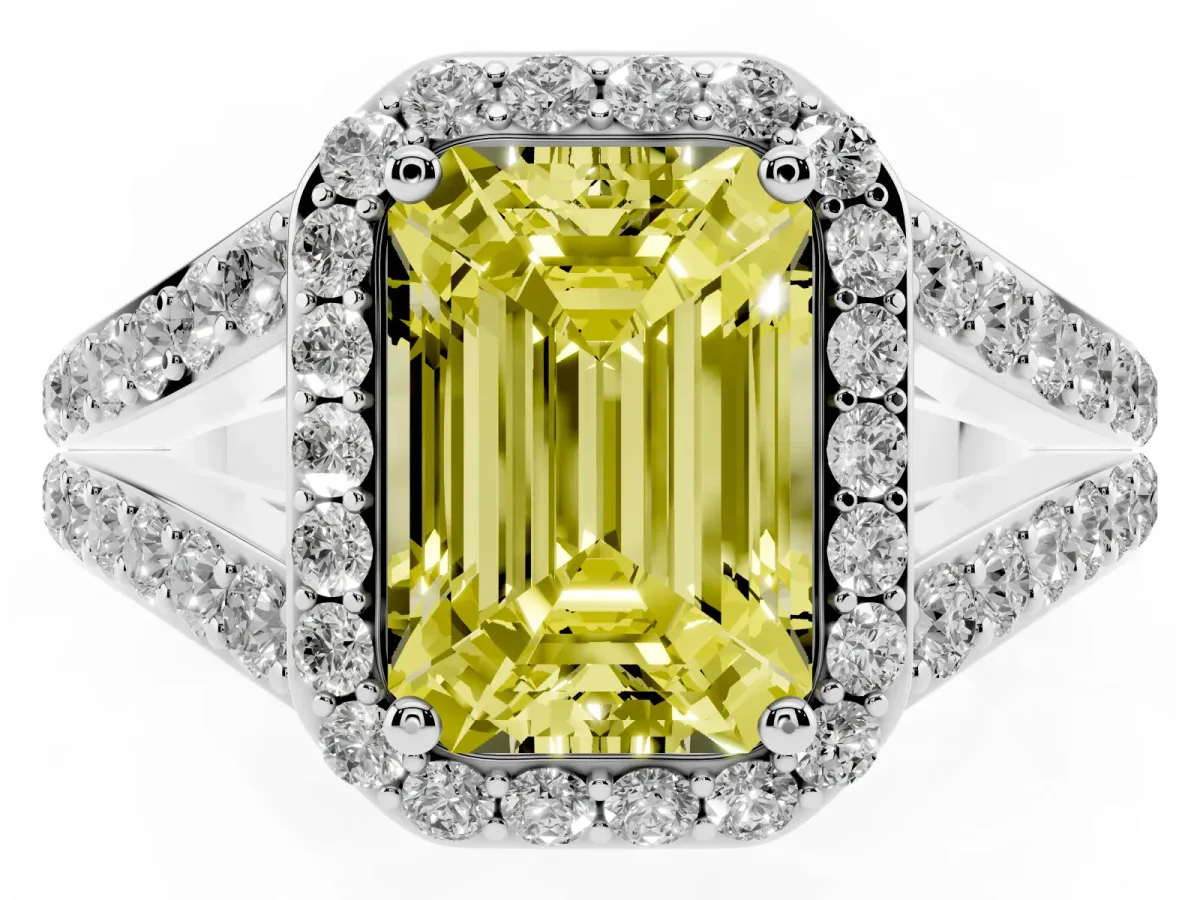 Fancy Yellow Emerald Cut Diamond Split Shank Halo Ring with Four-Prong Setting Silver