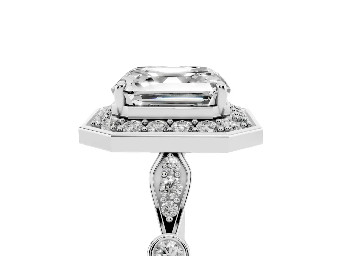 Asscher Cut Halo Diamond Engagement Ring with Twisted Band and Four-Prong Setting White gold