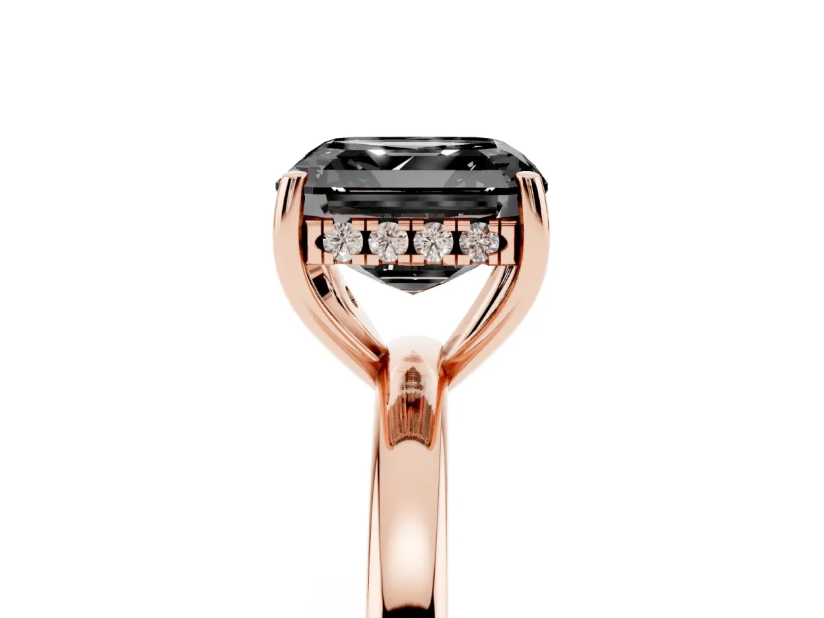 Fancy Black Asscher Cut Solitaire Diamond Ring with Prong Setting and Plain Band Rose gold