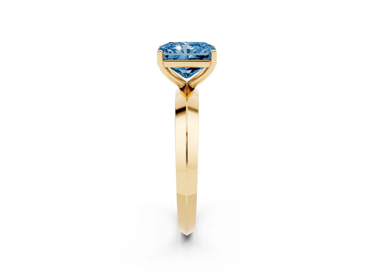 Fancy Blue Radiant Cut Cut Solitaire Engagement Ring with Flat Band and Four-Prong Setting Yellow gold