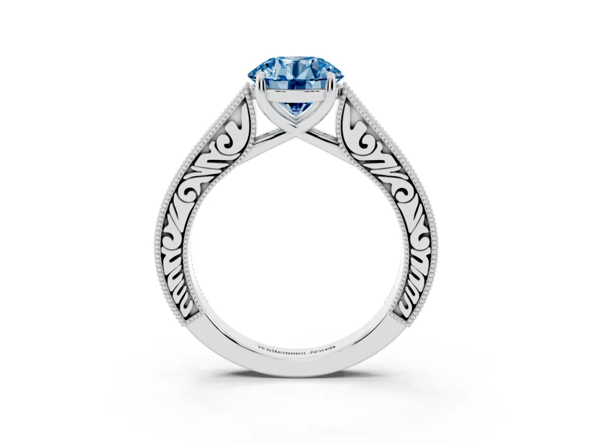 Fancy Blue Round Cut Cut Pave Band Milgrain Solitaire Ring Silver