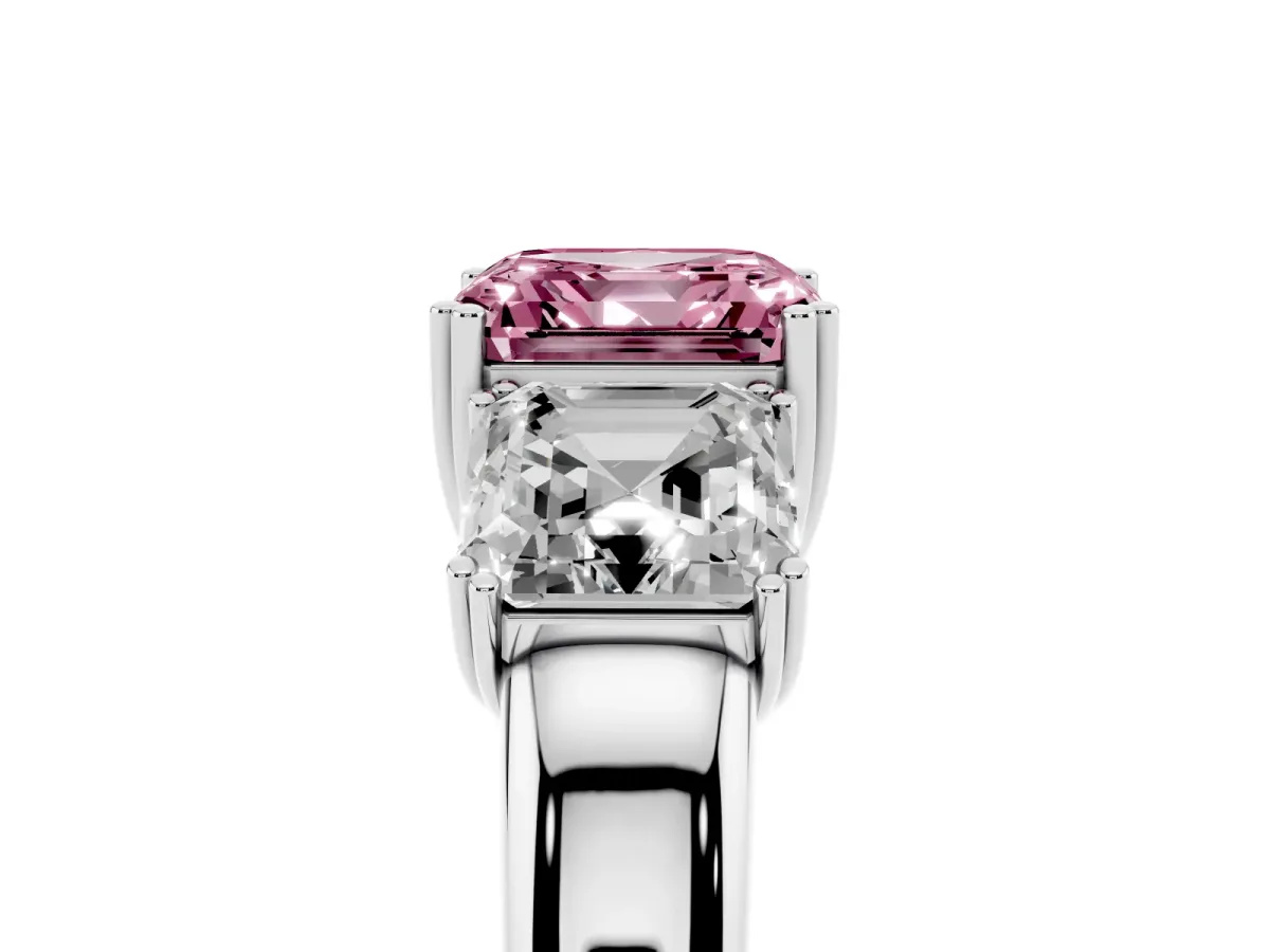 Fancy Pink Three-Stone Asscher Cut Cut Diamond Ring with Channel Set Band and Four-Prong Setting Silver