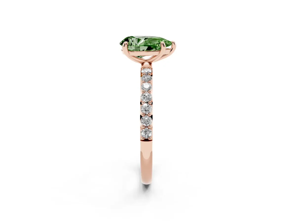 Fancy Green Pear Cut Diamond Solitaire Ring with Round Pavé Band and Prong Setting Rose gold