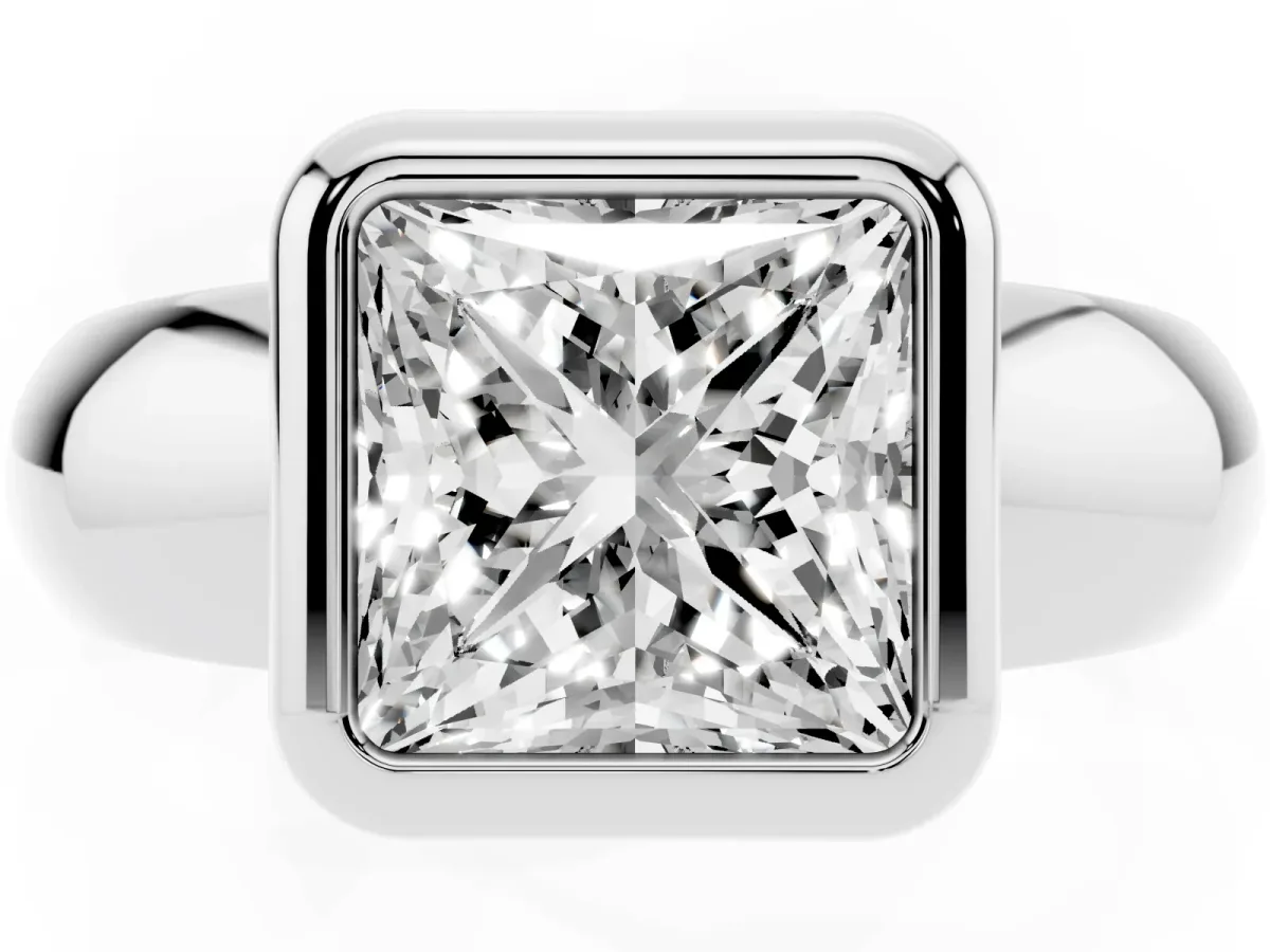 Bezel Set Princess Cut Solitaire Ring with Wide Band Silver