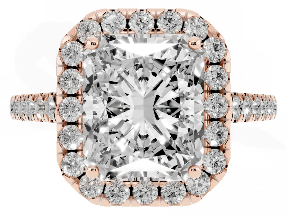 Radiant Cut Halo Pavé Diamond Engagement Ring with Four-Prong Setting Rose gold