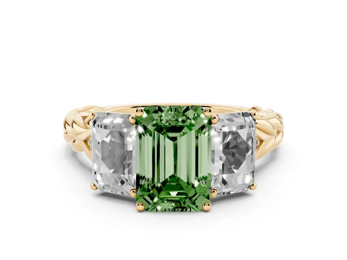Fancy Green Three-Stone Radiant Cut Diamond Braided Band Ring with Four-Prong Setting Yellow gold