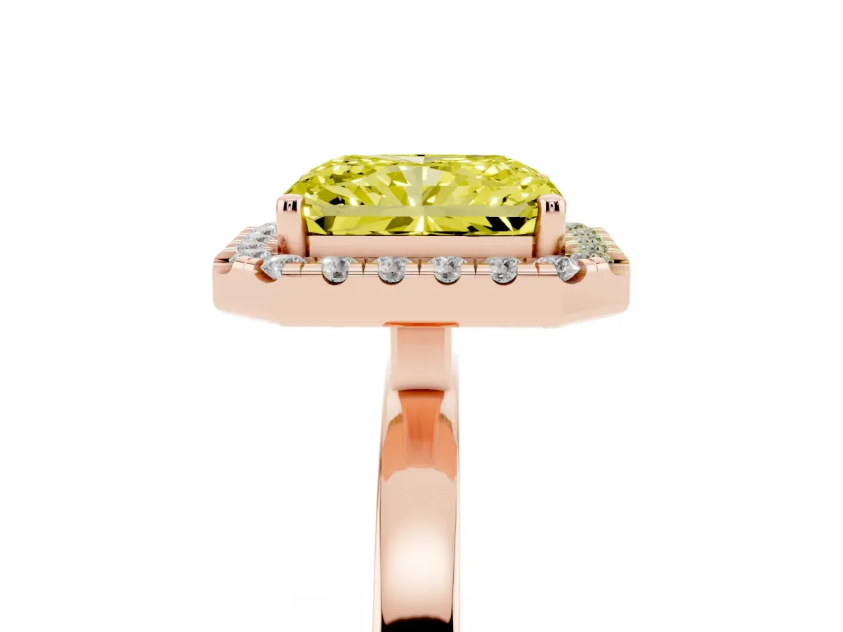 Fancy Yellow Radiant Cut Halo Diamond Solitaire with Pavé Band and Four-Prong Setting Rose gold