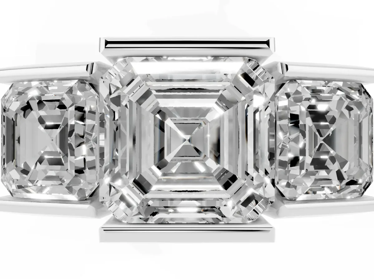 Three Stone Asscher Cut Cut Channel Set Diamond Ring Silver