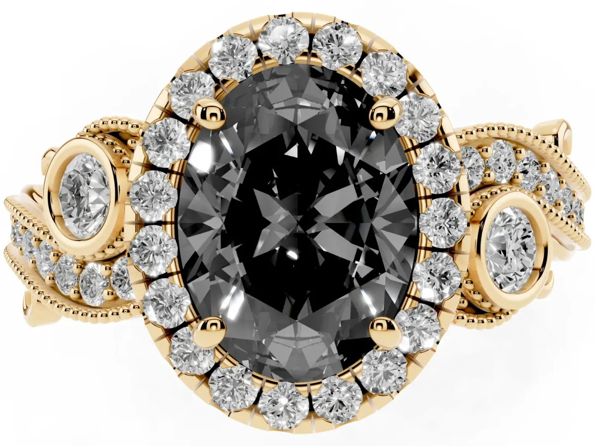 Fancy Black Oval Cut Halo Diamond Ring with Milgrain and Bezel Accents on a Split Shank Band Yellow gold