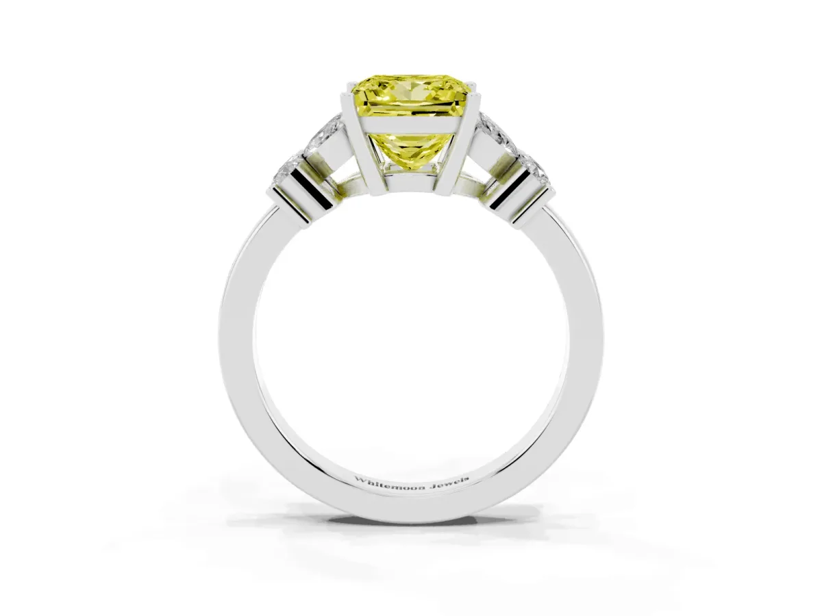 Fancy Yellow Princess Cut Diamond Floral Cluster Ring with Solitaire Band and Prong Setting Platinum