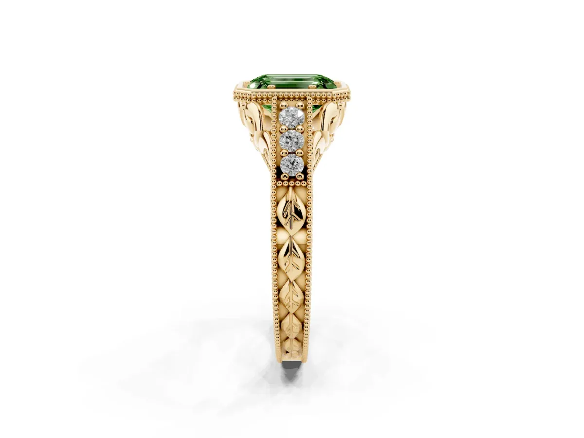 Fancy Green Bezel Set Emerald Cut Diamond Milgrain Pave Engagement Ring Yellow gold