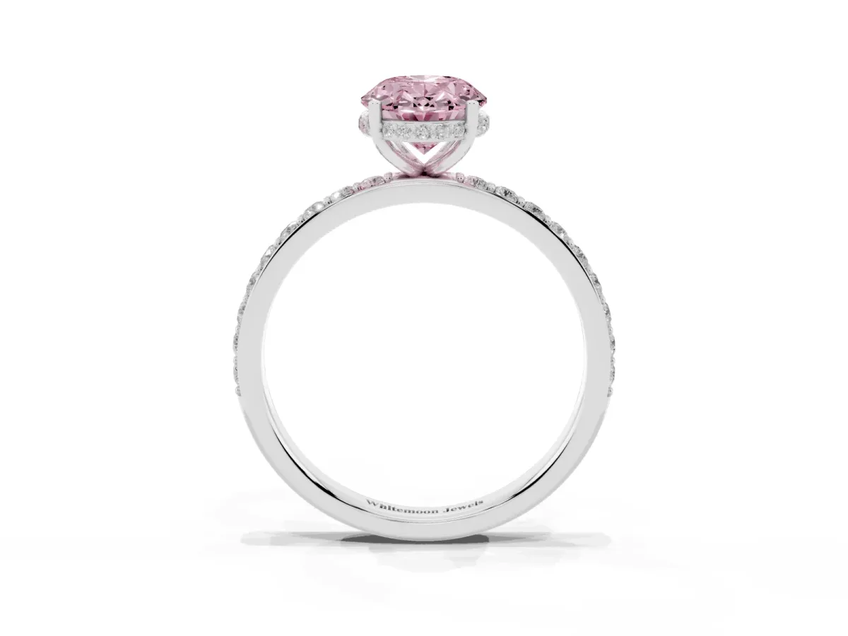 Fancy Pink Oval Cut Diamond Solitaire Ring with Pavé Band and Hidden Halo Silver