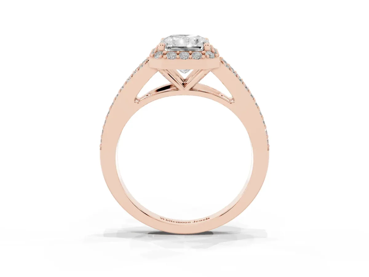 Radiant Cut Halo Split Shank Pave Diamond Ring with Four-Prong Setting Rose gold