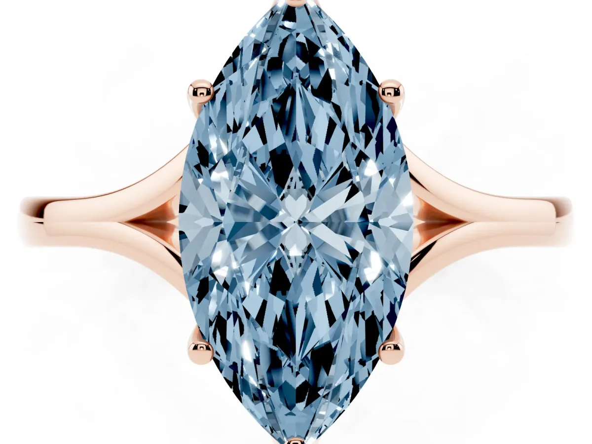 Fancy Blue Marquise Cut Solitaire Diamond Ring with Six-Prong Setting and Tapered Band Rose gold