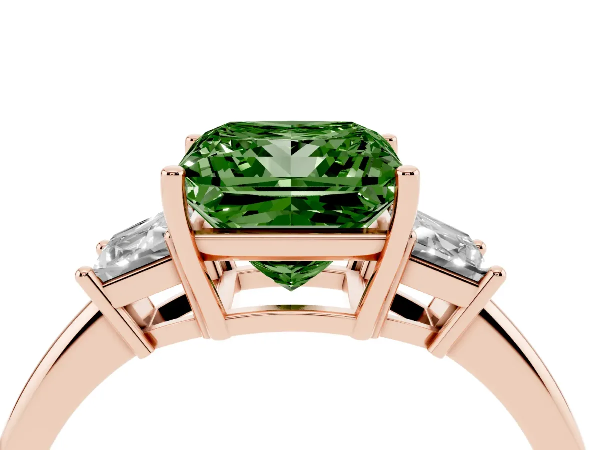 Fancy Green Princess Cut Diamond Three-Stone Ring with Trapezoid Side Stones and Prong Setting Rose gold