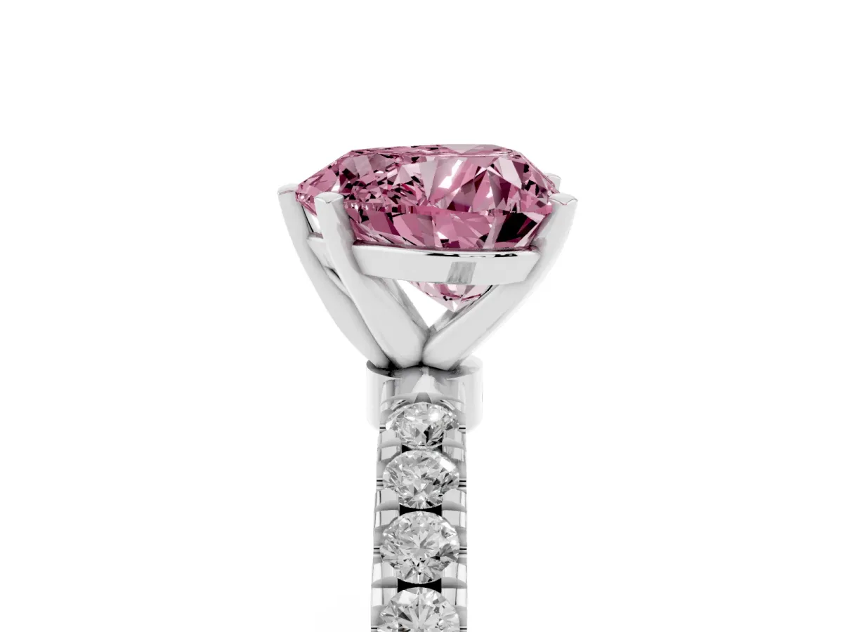 Fancy Pink Heart Cut Diamond Solitaire Ring with Pavé Accents and Four-Prong Setting Platinum