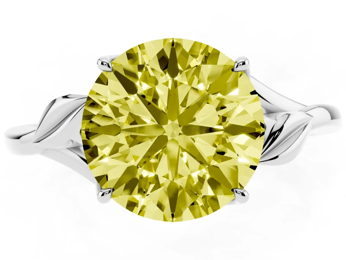 Fancy Yellow Round Cut Diamond Solitaire Ring with Twist Band and Four-Prong Setting Silver