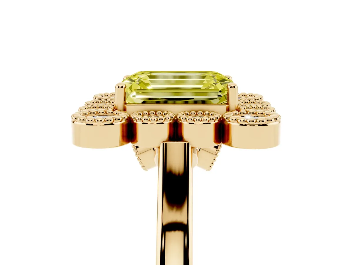 Fancy Yellow Emerald Cut Halo Diamond Cluster Engagement Ring with Milgrain Bezel Setting and Solitaire Band Yellow gold