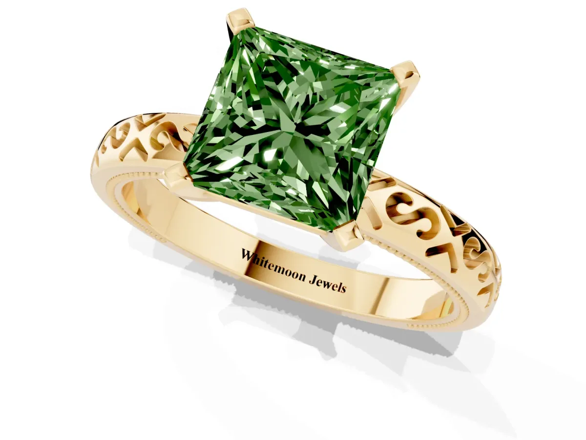 Fancy Green Princess Cut Solitaire Engagement Ring with Scrollwork Band and Four-Prong Setting Yellow gold