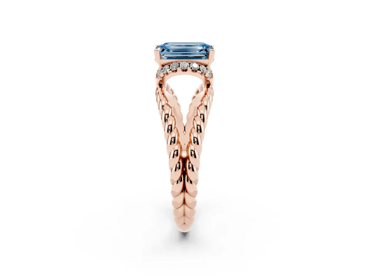 Fancy Blue Emerald Cut Halo Twisted Band Four-Prong Ring Rose gold