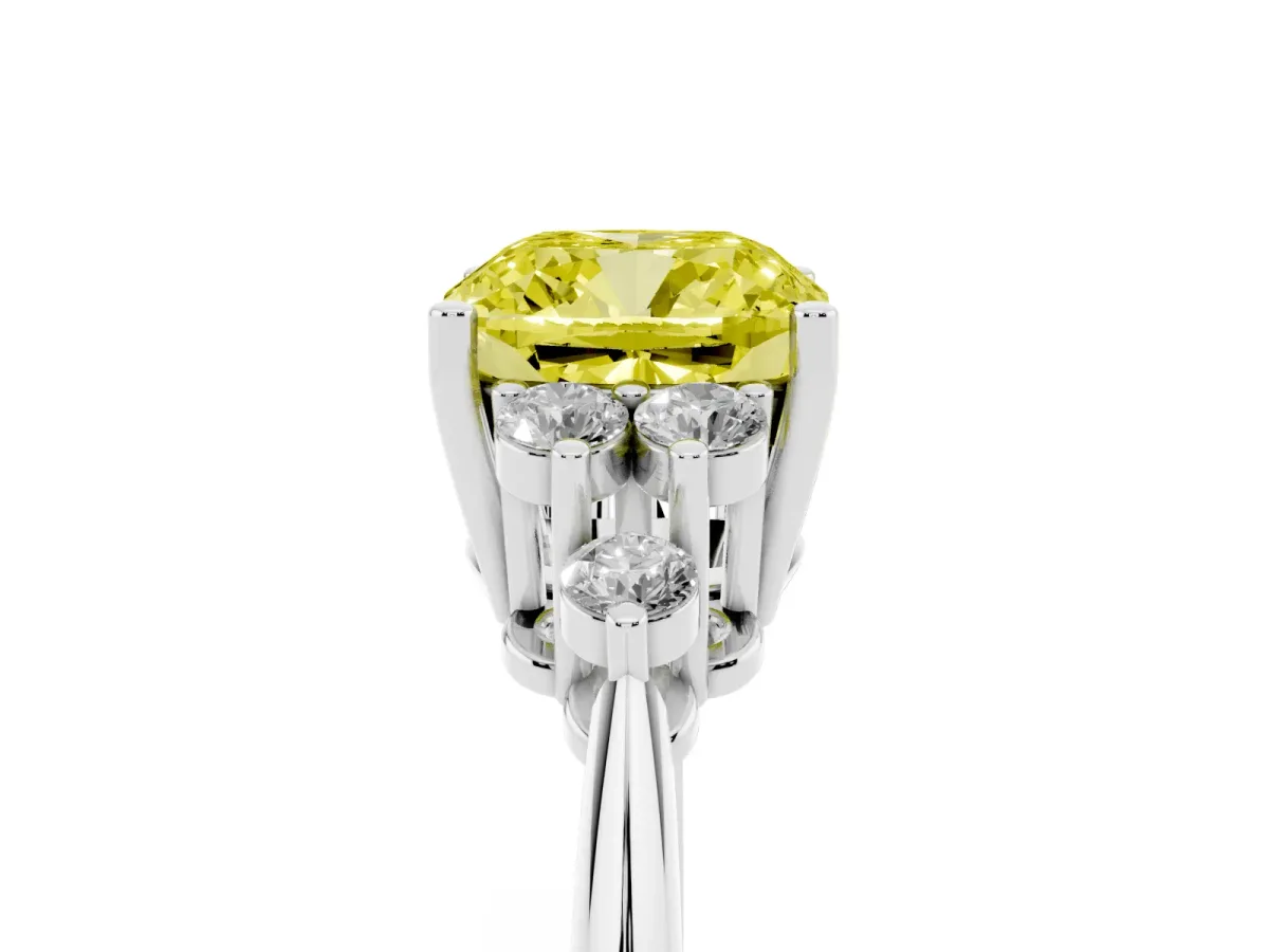 Fancy Yellow Cushion Cut Cut Diamond Cluster Ring with Solitaire Band and Four-Prong Setting Silver