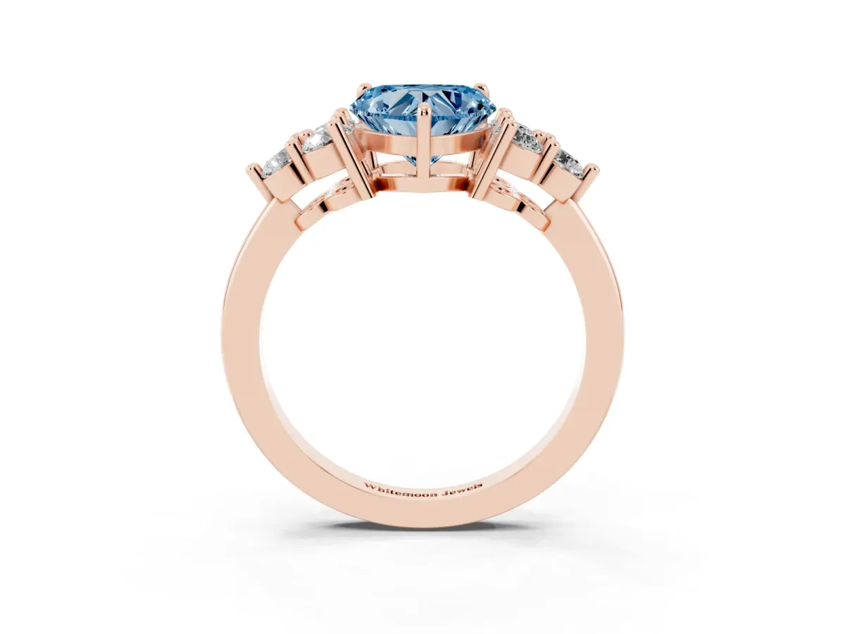 Fancy Blue Heart Cut Brilliant Diamond Cluster Accent Solitaire Ring with Prong Setting Rose gold