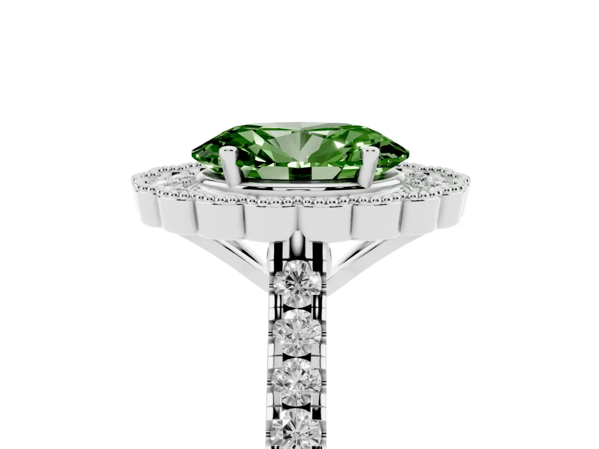 Fancy Green Oval Cut Cut Diamond Milgrain Floral Halo Engagement Ring with Pavé Band Silver